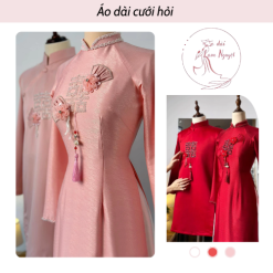 Áo Dài Cặp Cưới Hỏi Màu Đỏ/Hồng – Đính Hoa Nổi Lam Nguyệt – ADCH05