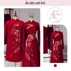 Áo Dài Cưới Nam Nữ Cặp Lụa Kết Hạt Thủ Công – Lam Nguyệt – ADCH02